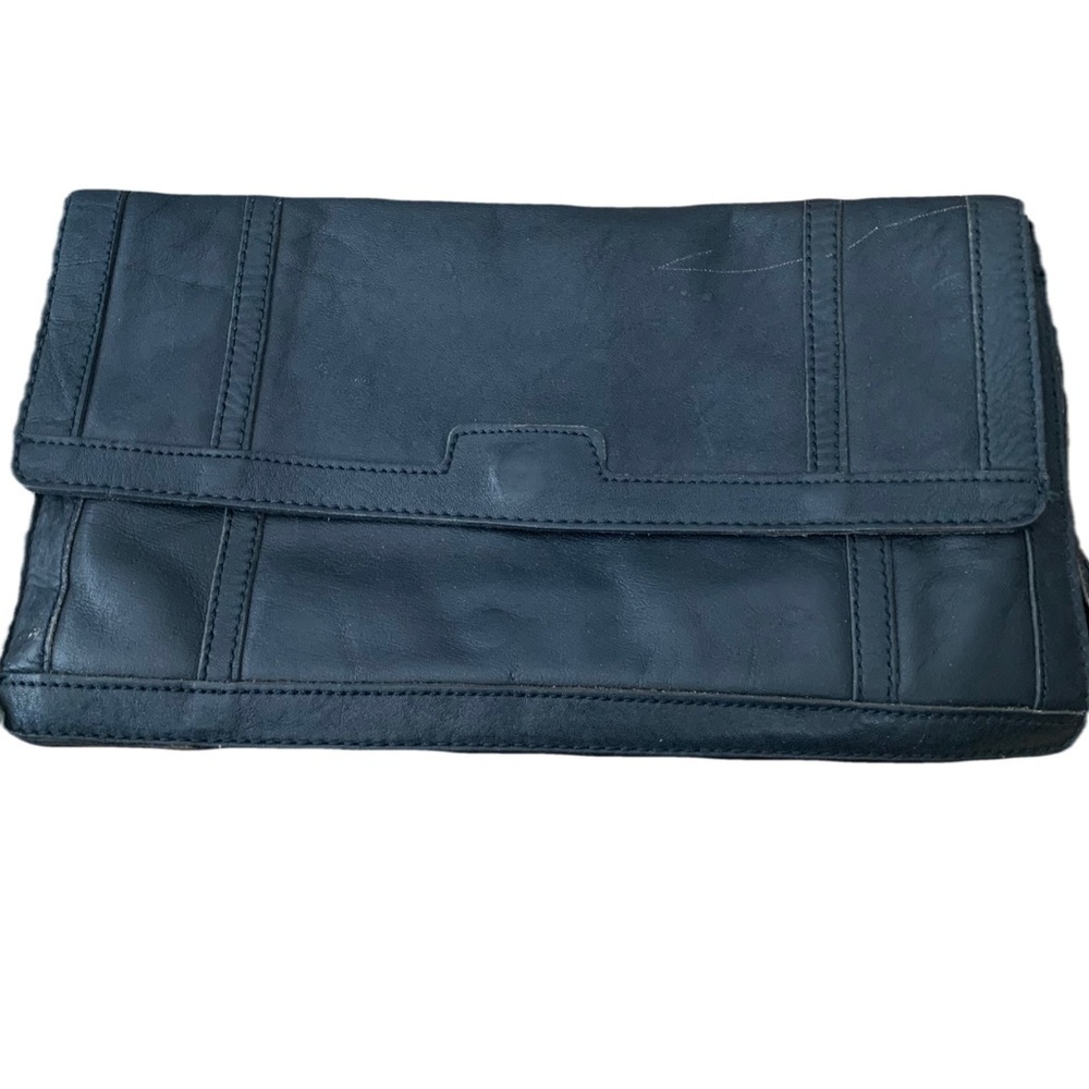 Vintage Black Leather Envelope Clutch Bag with Stitching Details